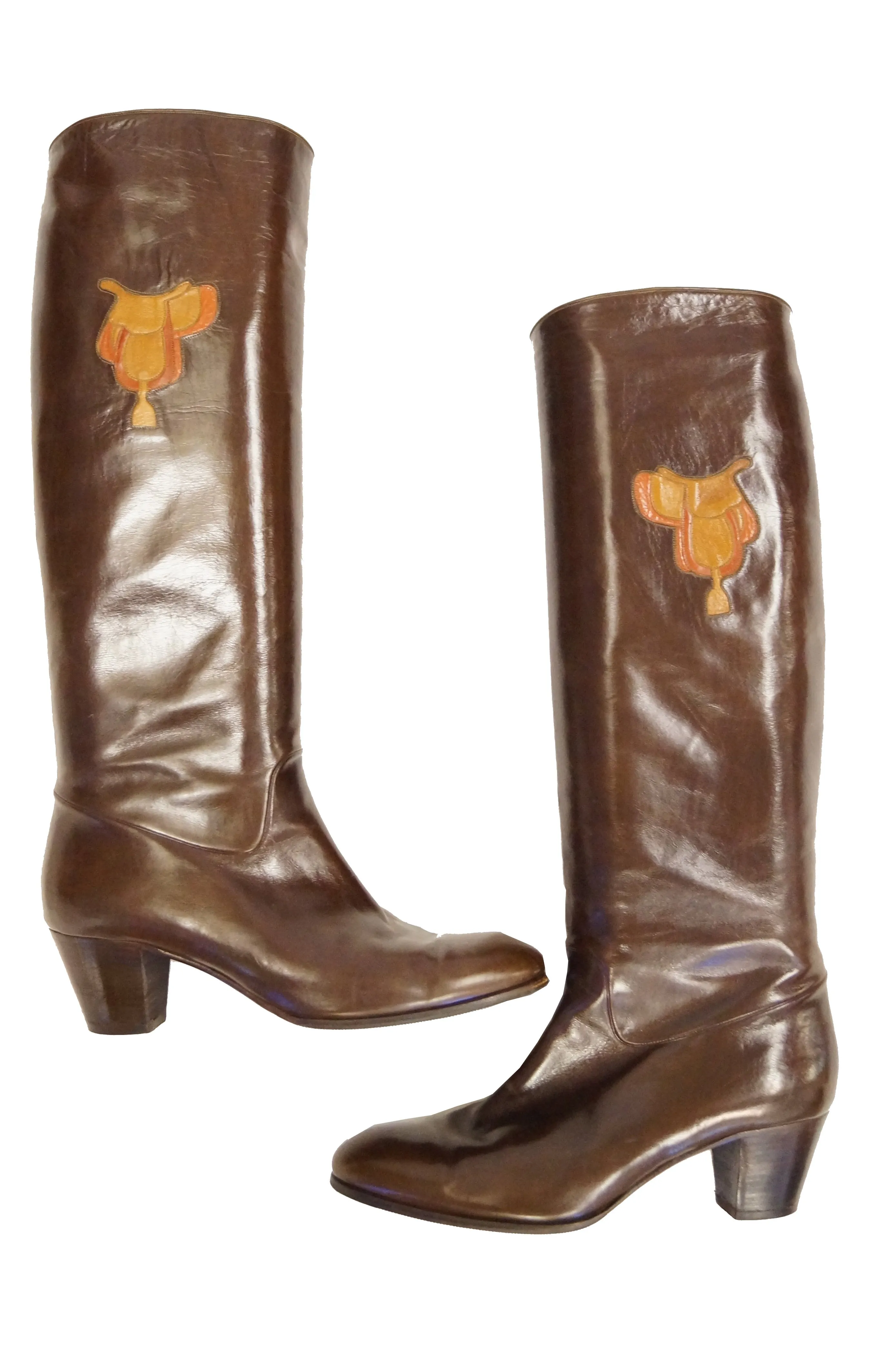 1980s Gucci Mahogany Leather Saddle Applique Boots