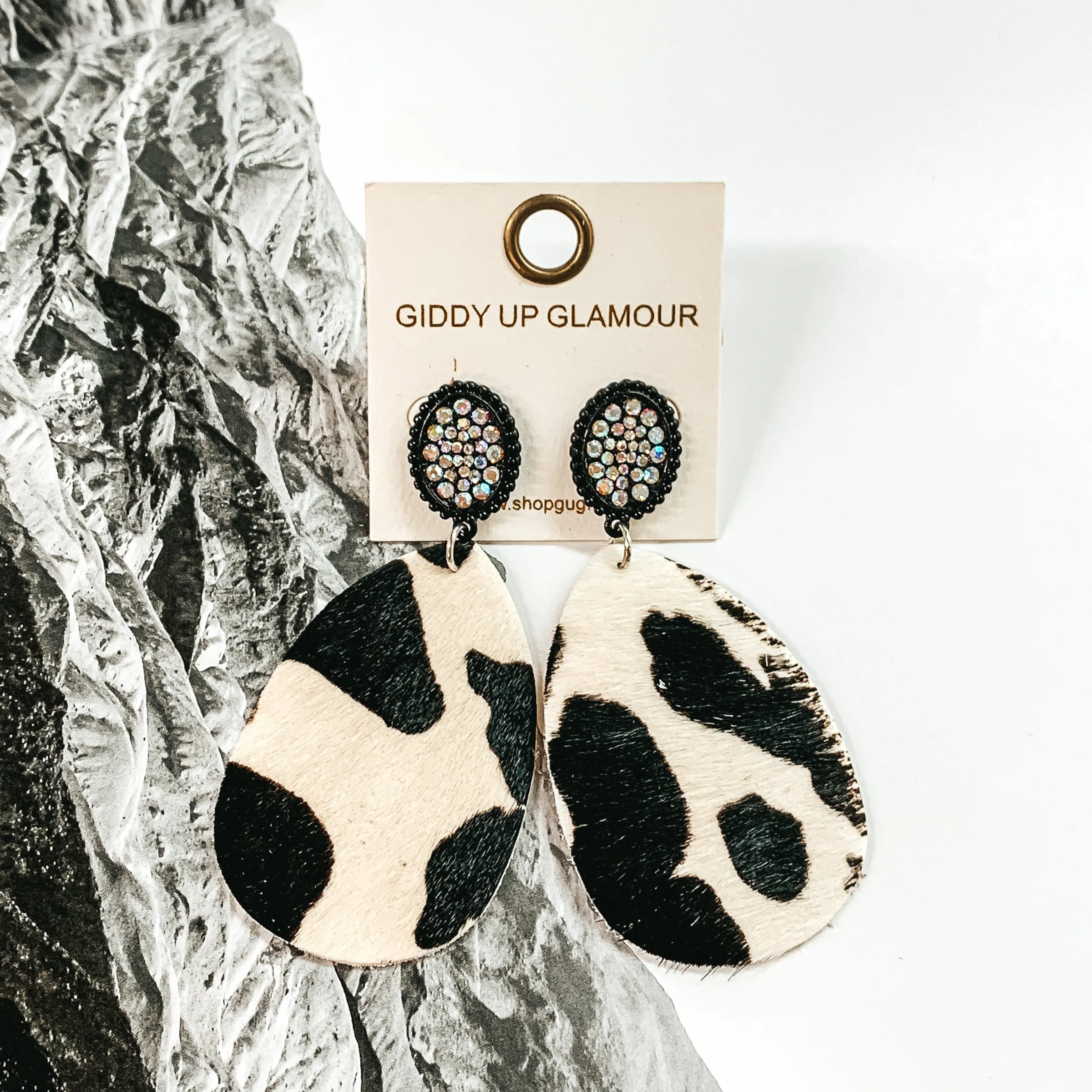 AB Crystal Black Stud Earrings with Hanging Teardrop in Black and White Cow Print