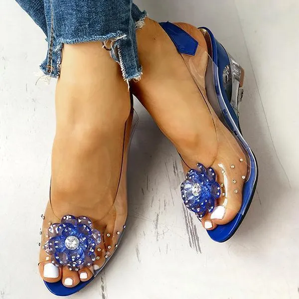 Amozae Studded Flower Design Transparent Wedge Sandals