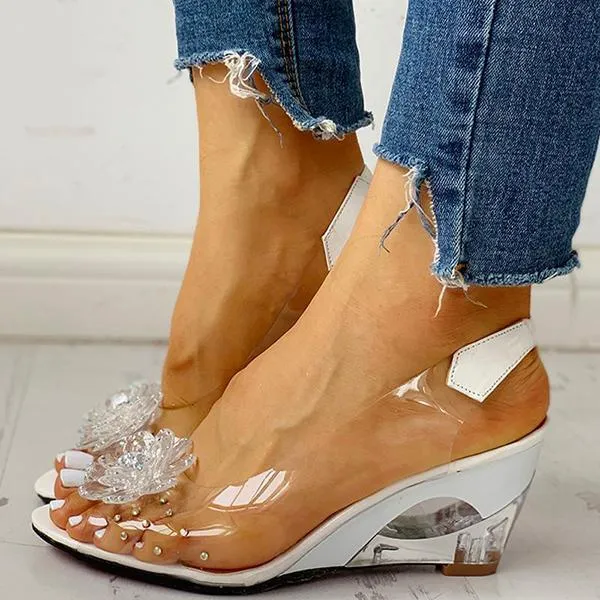 Amozae Studded Flower Design Transparent Wedge Sandals