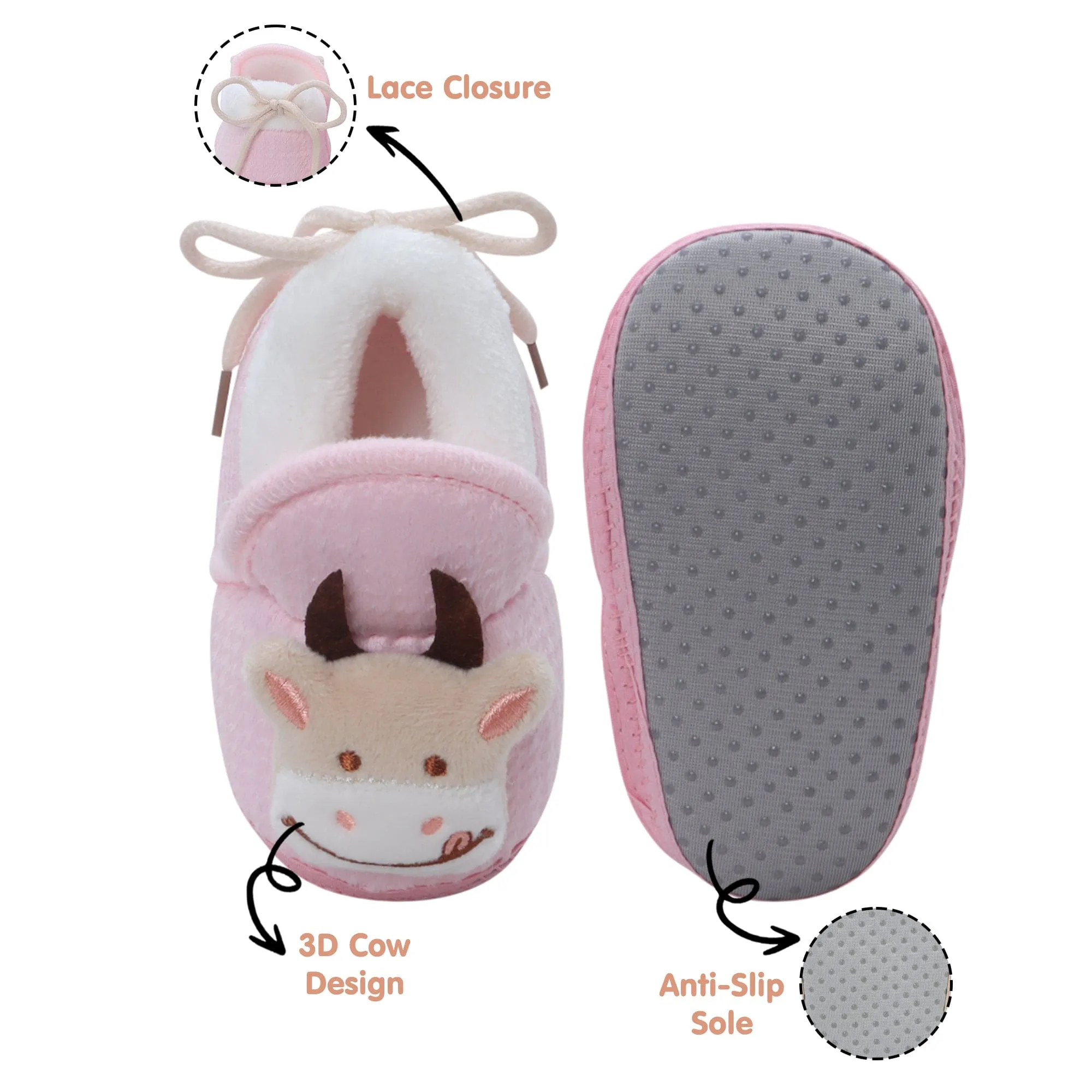 Baby Moo 3D Cow Soft Slip-On Anti-Skid Plush Warm Booties - Pink