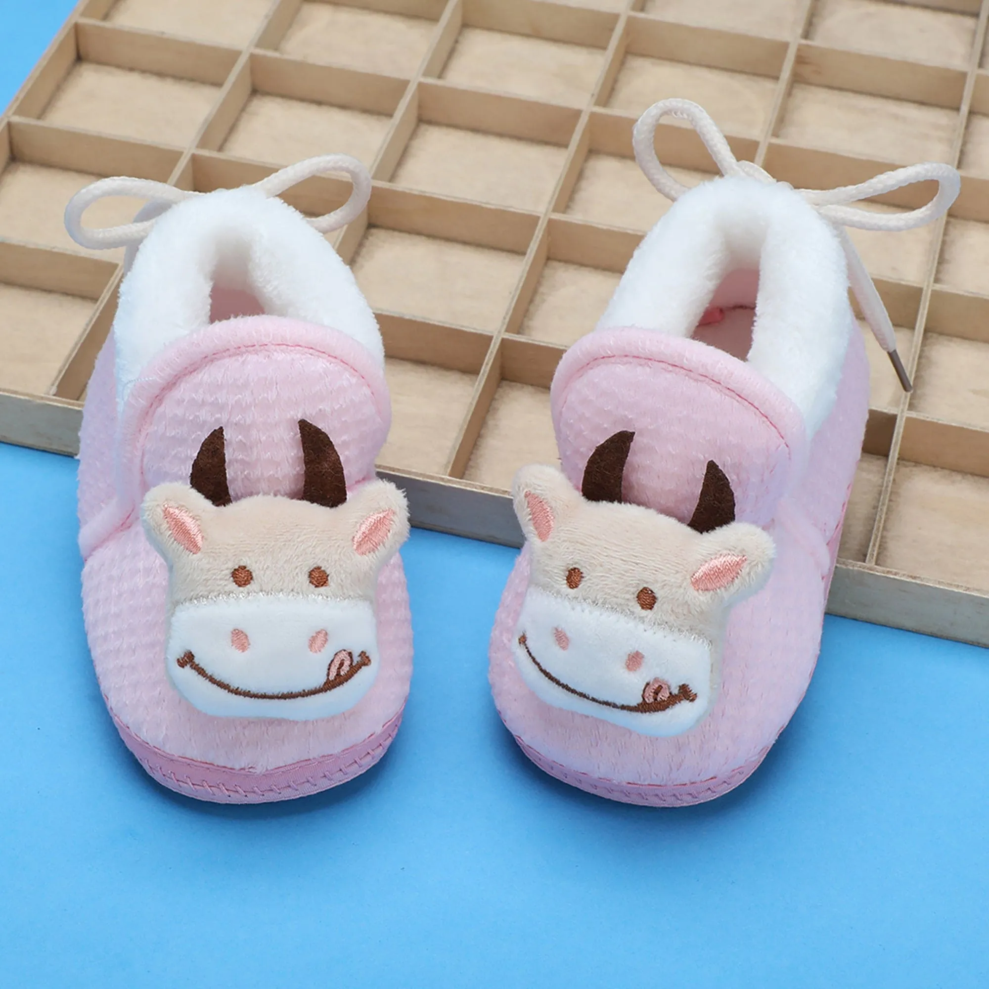 Baby Moo 3D Cow Soft Slip-On Anti-Skid Plush Warm Booties - Pink