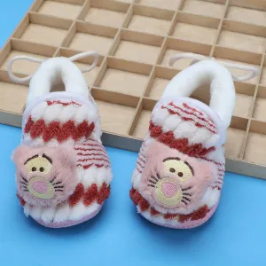 Baby Moo 3D Cub Striped Soft Slip-On Anti-Skid Plush Warm Booties - Maroon