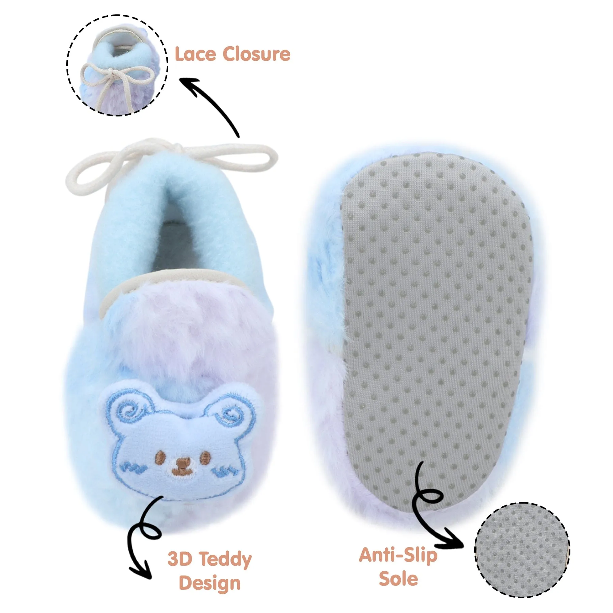 Baby Moo 3D Cute Teddy Soft Slip-On Anti-Skid Plush Warm Booties - Blue