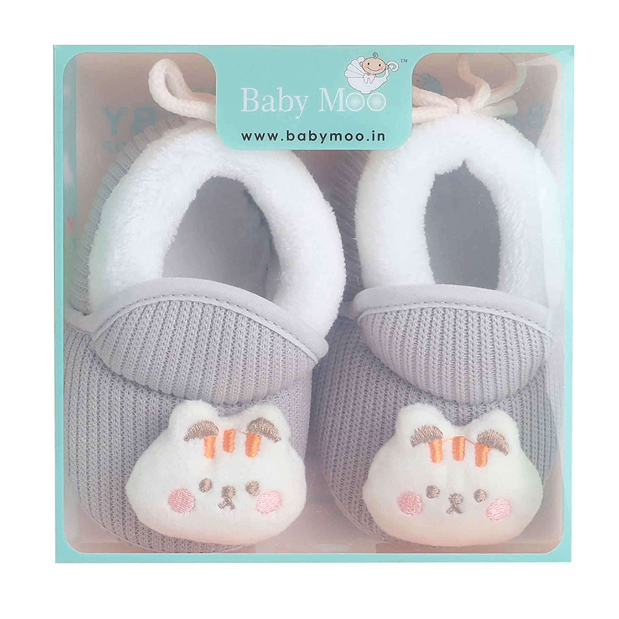 Baby Moo 3D Kitty Ribbed Soft Slip-On Anti-Skid Plush Warm Booties - Grey