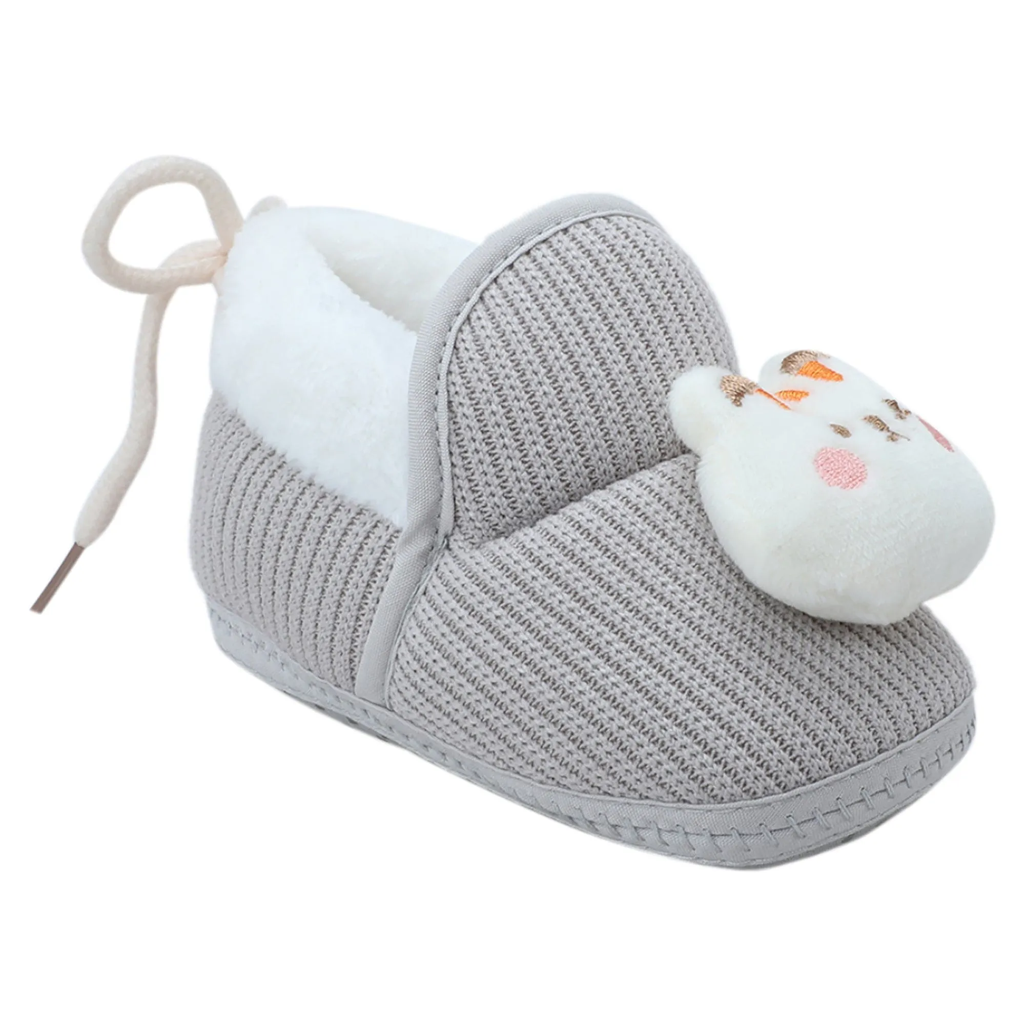 Baby Moo 3D Kitty Ribbed Soft Slip-On Anti-Skid Plush Warm Booties - Grey