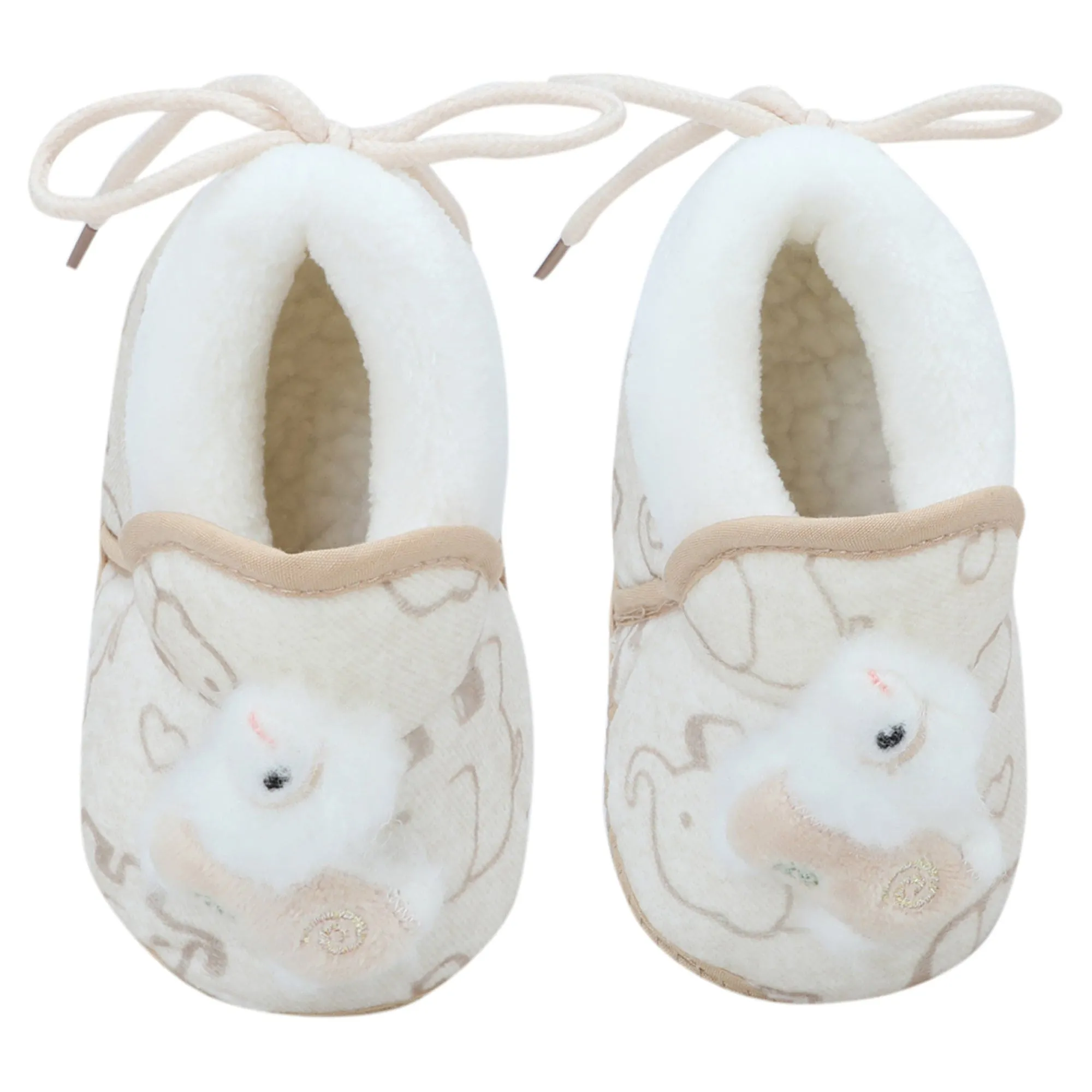 Baby Moo 3D Llama Elephant Prints Soft Slip-On Anti-Skid Plush Warm Booties - Beige