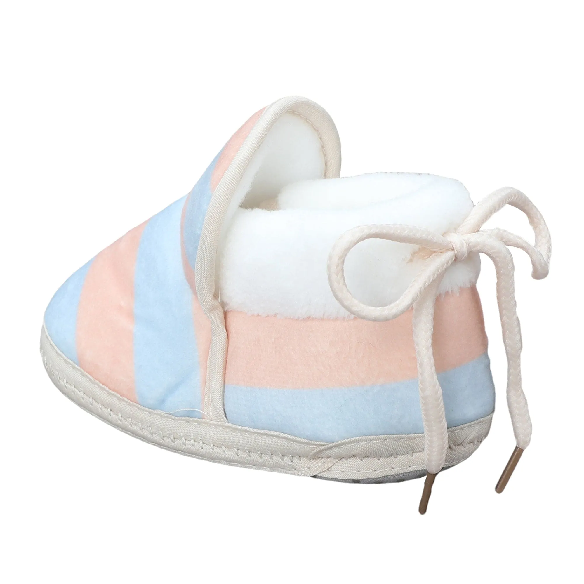 Baby Moo Broad Stripes Soft Slip-On Anti-Skid Plush Warm Booties - Peach