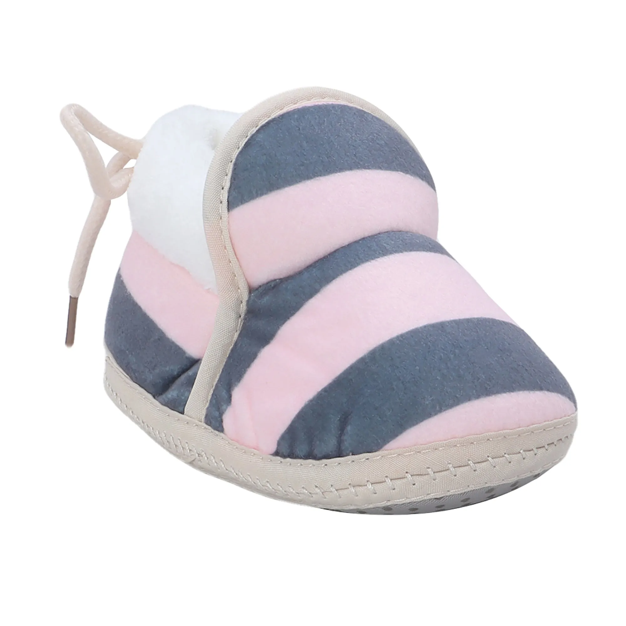 Baby Moo Broad Stripes Soft Slip-On Anti-Skid Plush Warm Booties - Pink