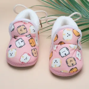 Baby Moo Kitty Face Printed Soft Slip-On Anti-Skid Plush Warm Booties - Pink