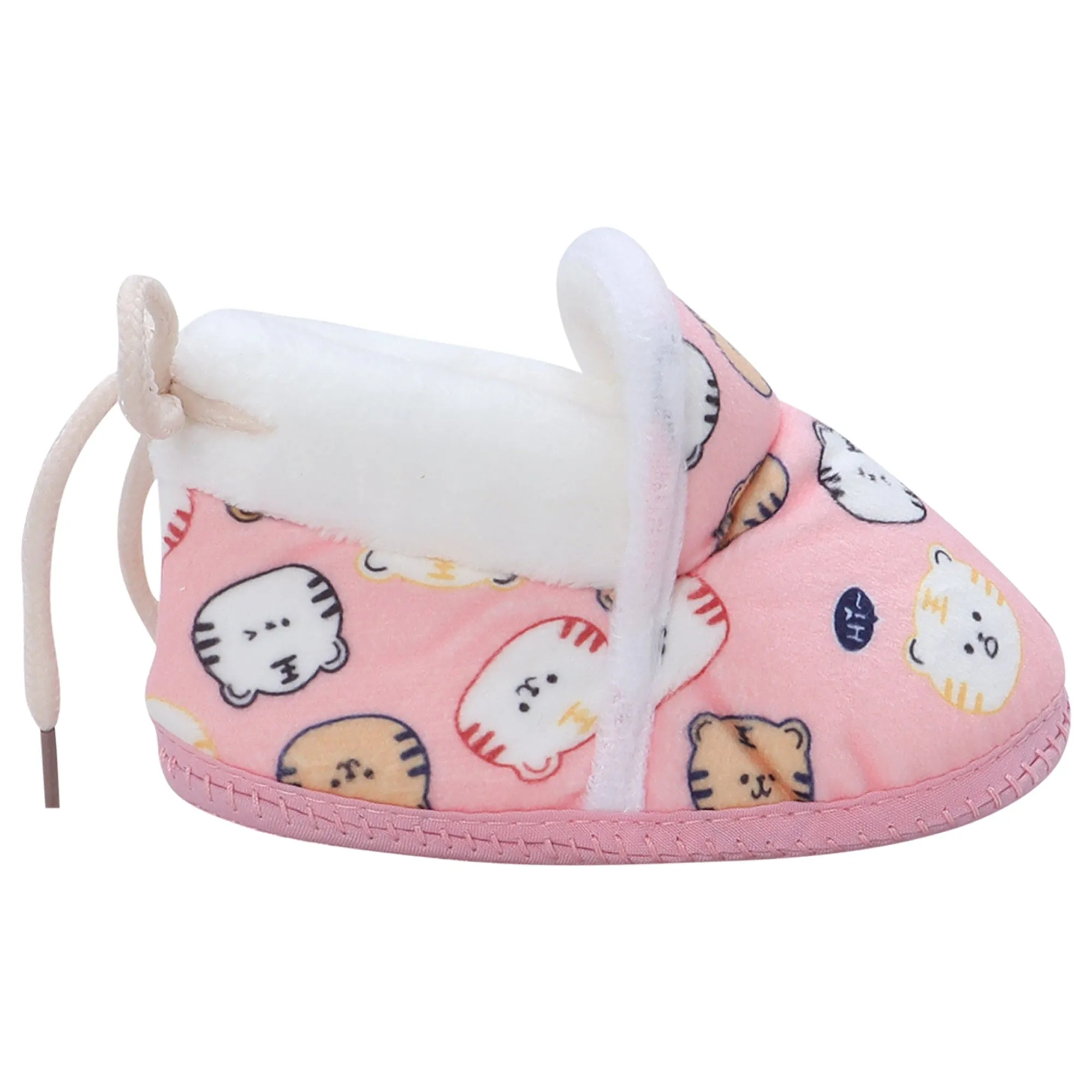 Baby Moo Kitty Face Printed Soft Slip-On Anti-Skid Plush Warm Booties - Pink