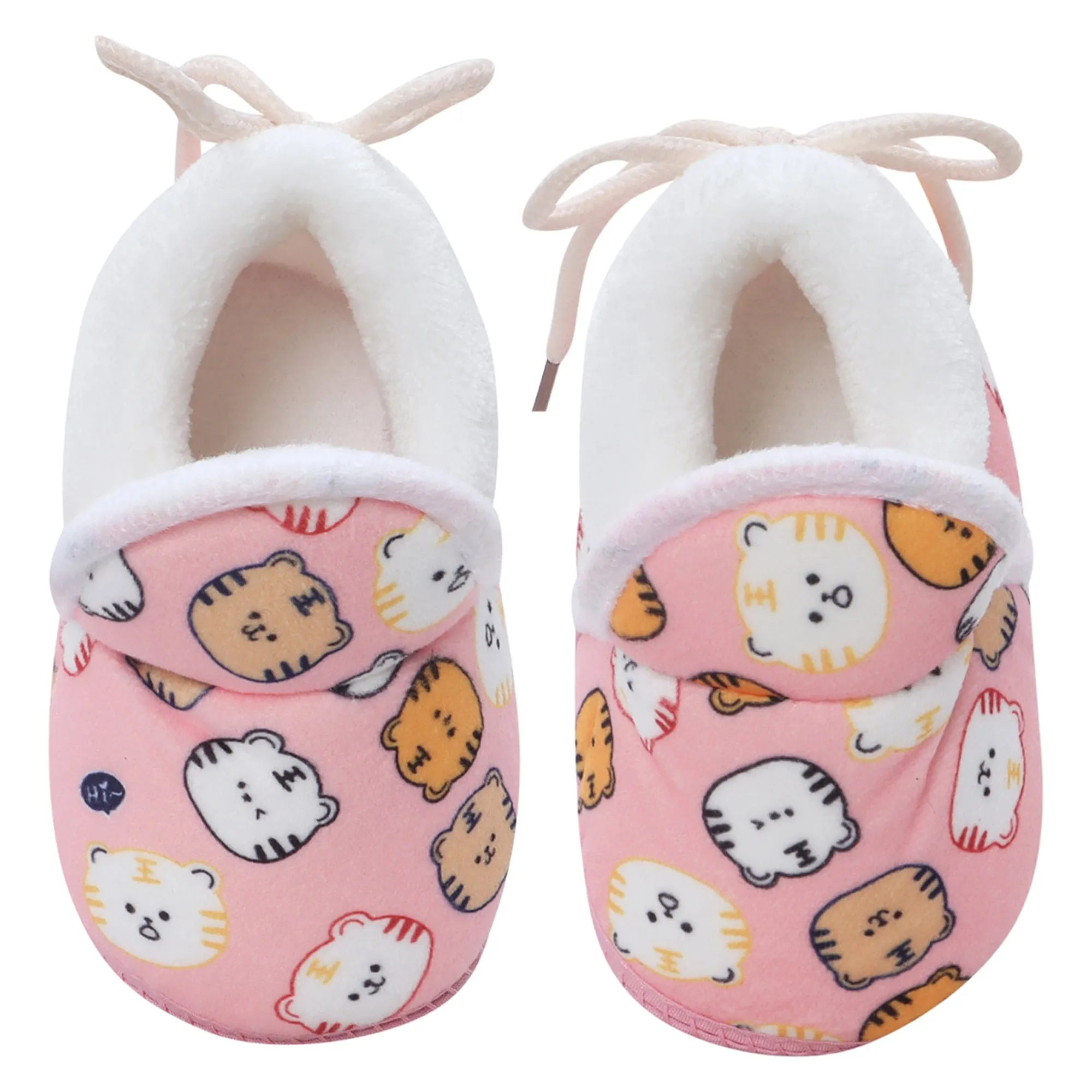 Baby Moo Kitty Face Printed Soft Slip-On Anti-Skid Plush Warm Booties - Pink