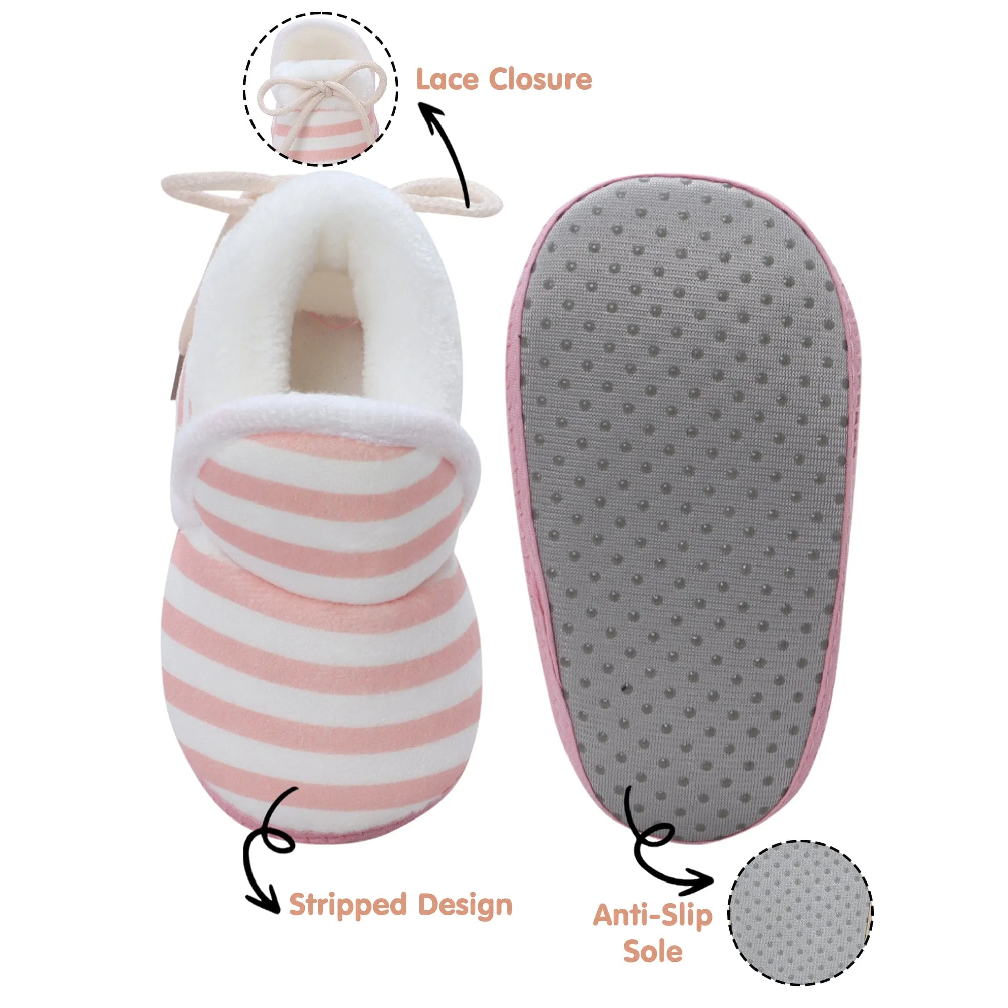 Baby Moo Striped Soft Slip-On Anti-Skid Plush Warm Booties - Peach