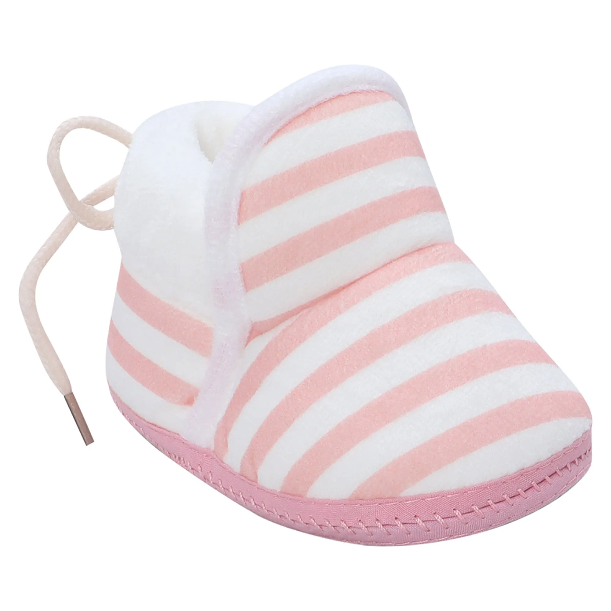 Baby Moo Striped Soft Slip-On Anti-Skid Plush Warm Booties - Peach