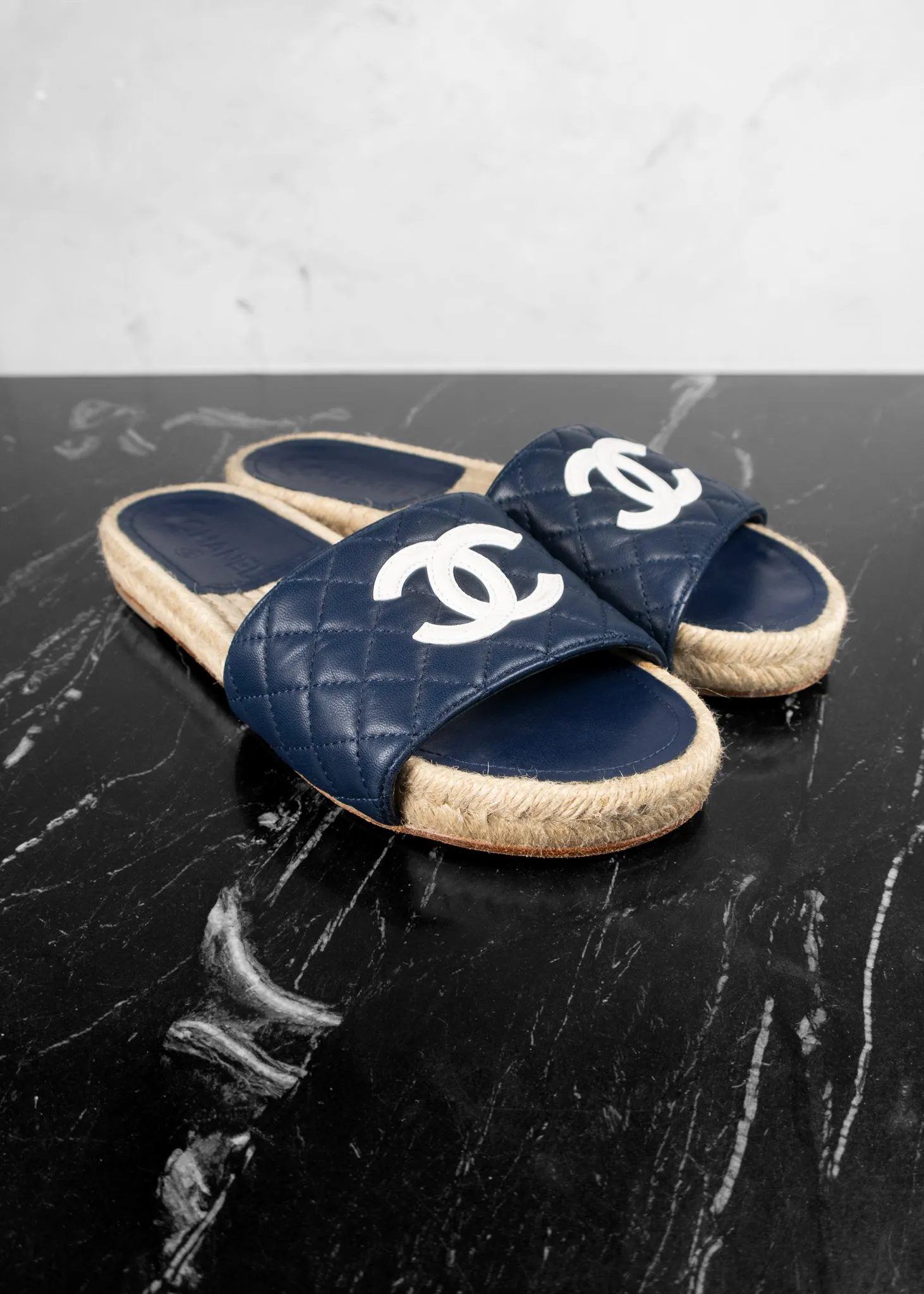 Chanel Lambskin Quilted CC Espadrille Slip-On Sandals