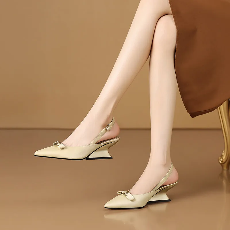 Chic Leather Pointed Toe Wedge Heels