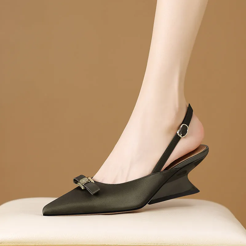 Chic Leather Pointed Toe Wedge Heels