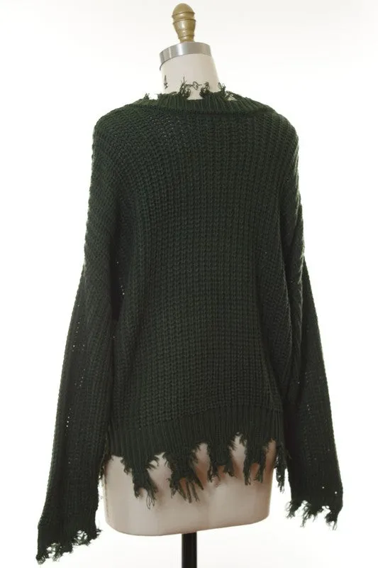 Distressed fringe hunter green sweater in sizes S-L