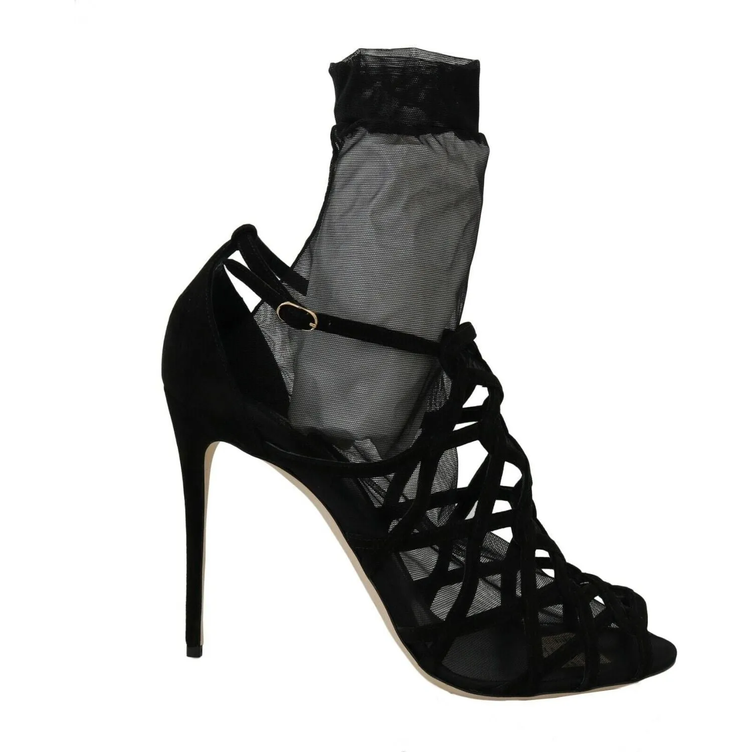 Dolce & Gabbana Black Suede Tulle Ankle Boot Sandals