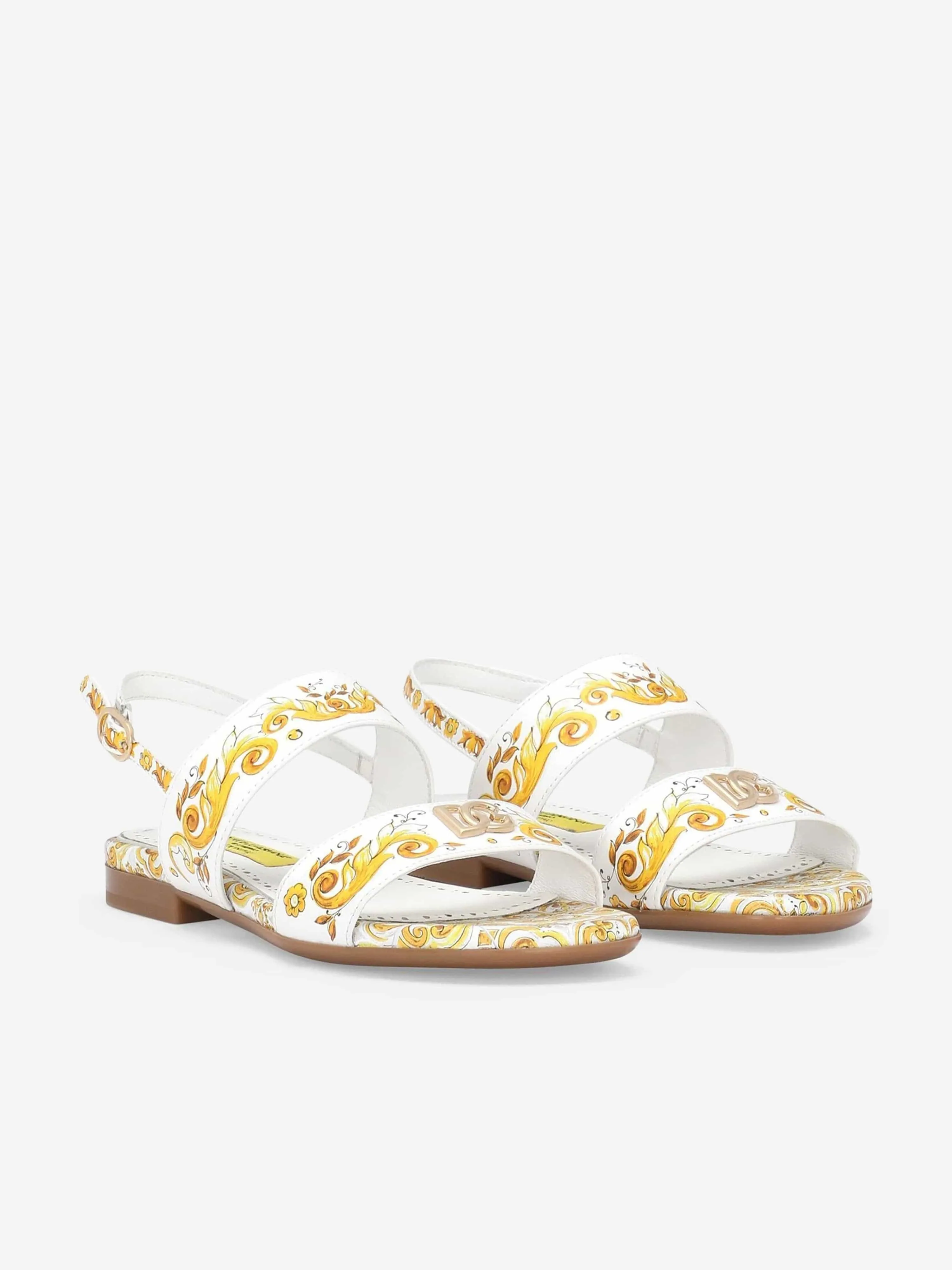 Dolce & Gabbana Girls Leather Maiolica Sandals in Yellow