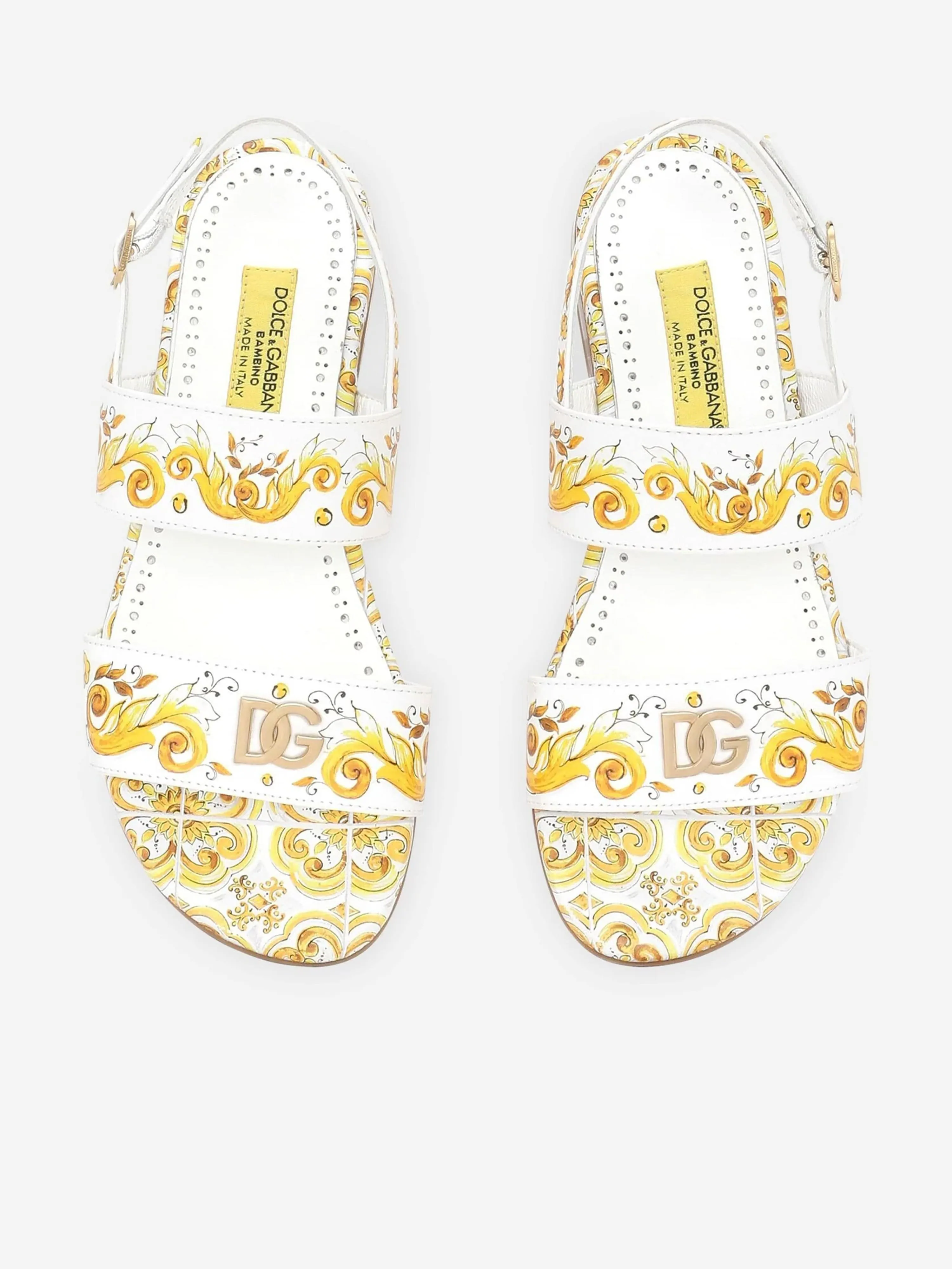 Dolce & Gabbana Girls Leather Maiolica Sandals in Yellow