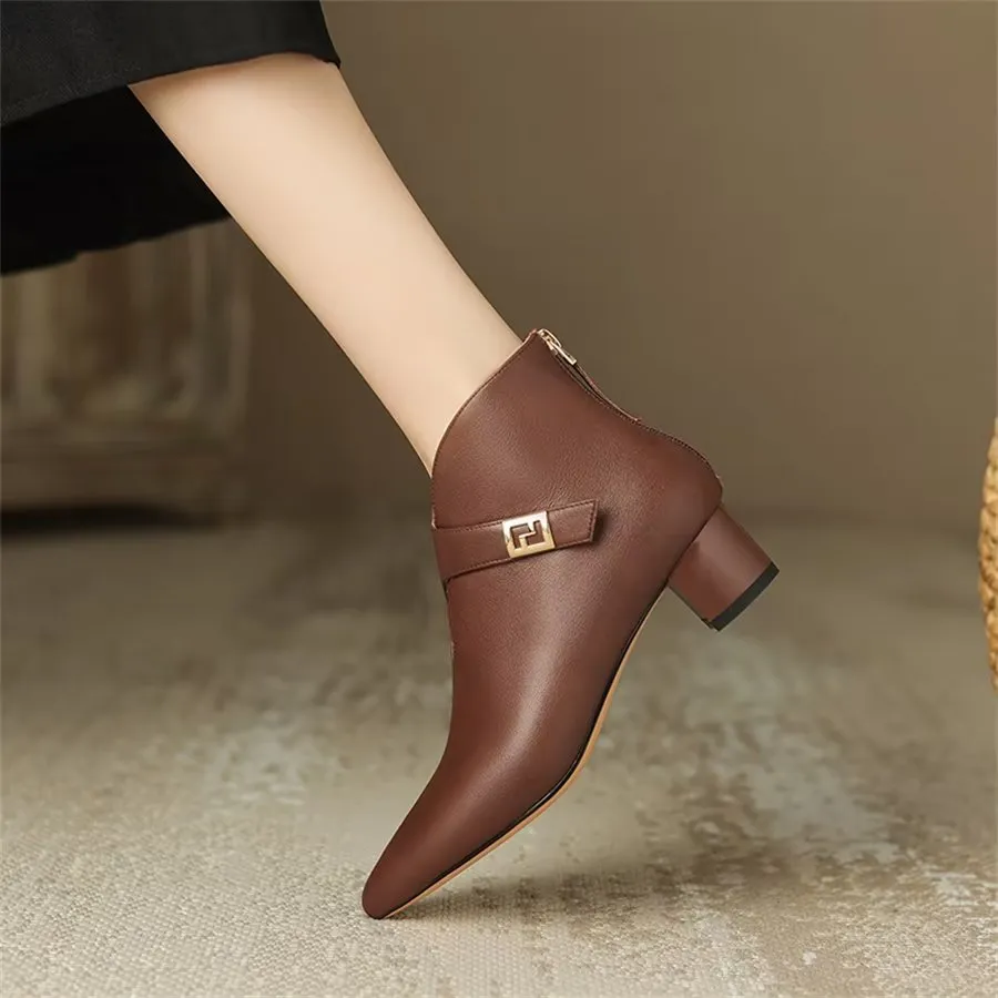 Elegant Cow Leather Pointed Toe Cone Heel Boots