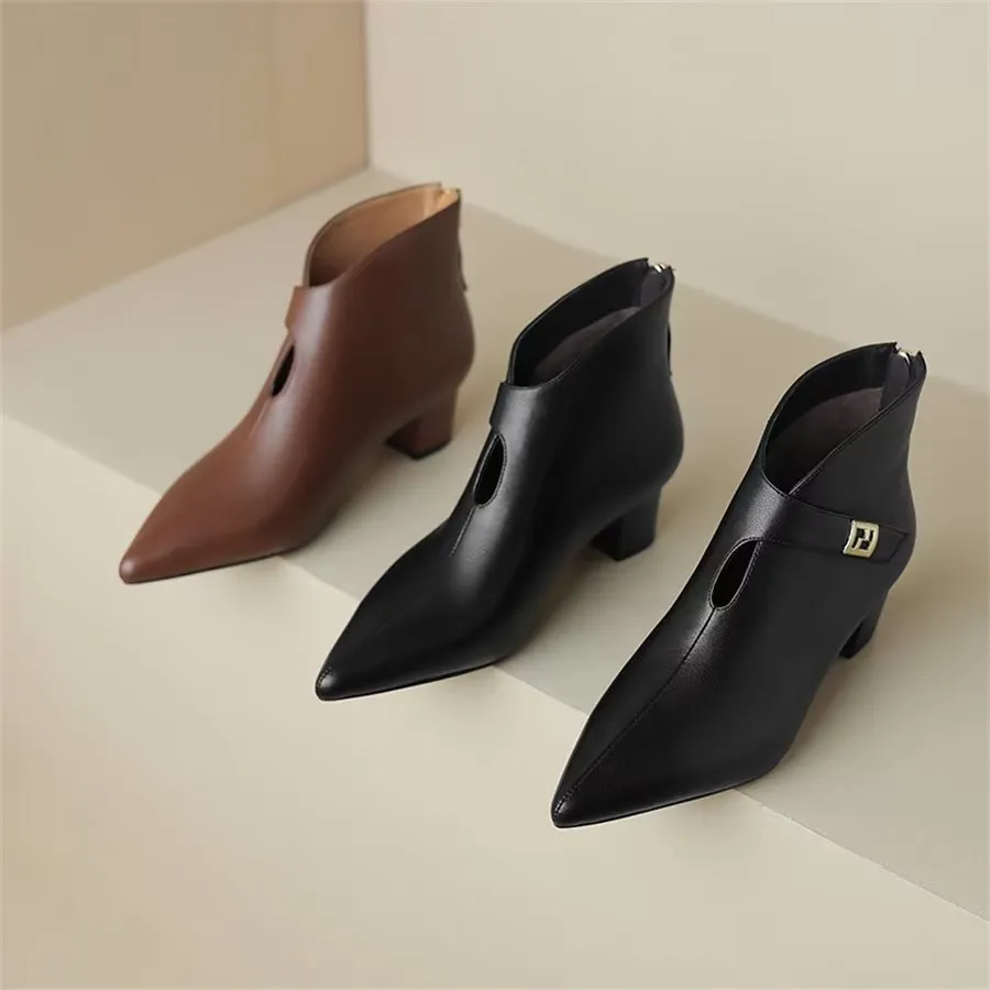 Elegant Cow Leather Pointed Toe Cone Heel Boots