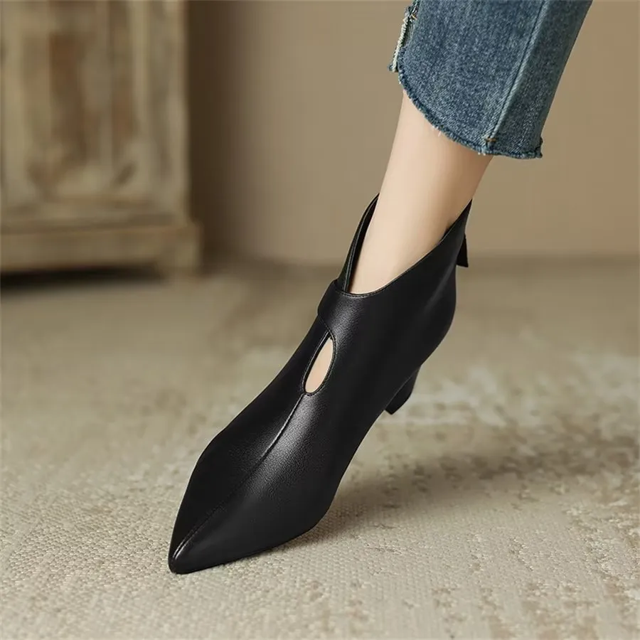 Elegant Cow Leather Pointed Toe Cone Heel Boots