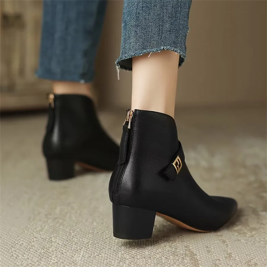 Elegant Cow Leather Pointed Toe Cone Heel Boots