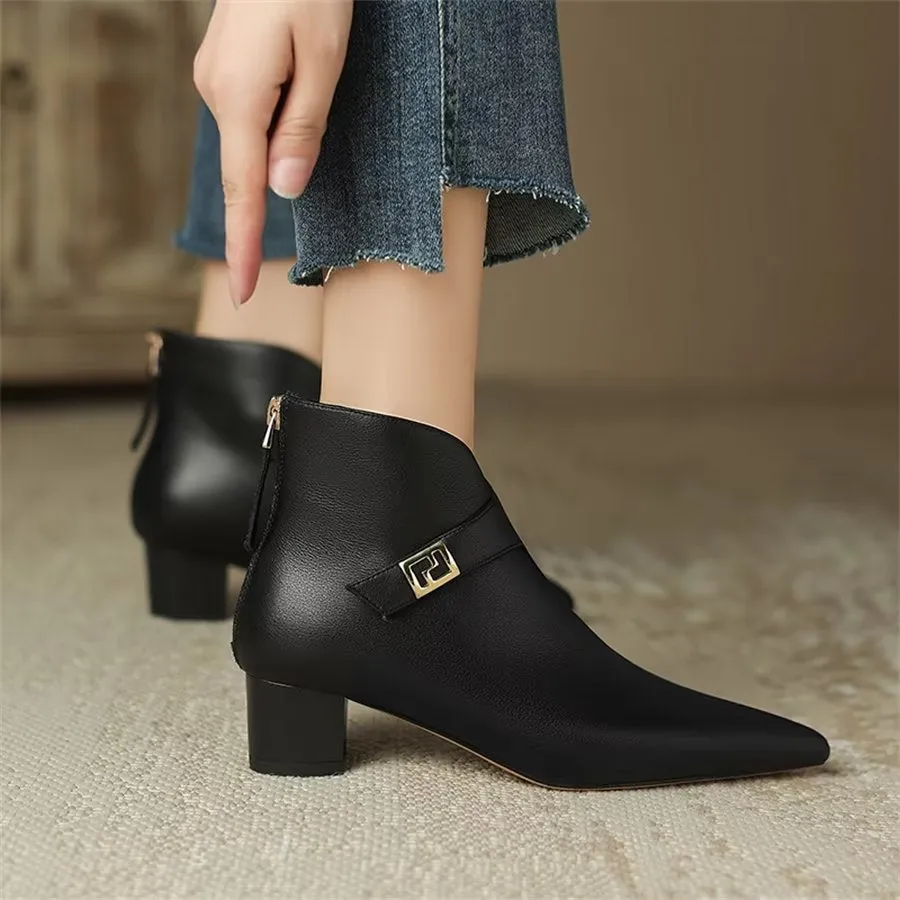 Elegant Cow Leather Pointed Toe Cone Heel Boots