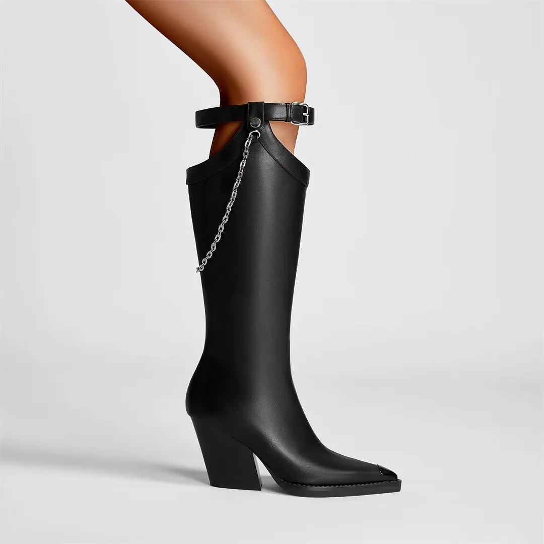 Elegant Crystal Pointed Toe Block Heel Boots