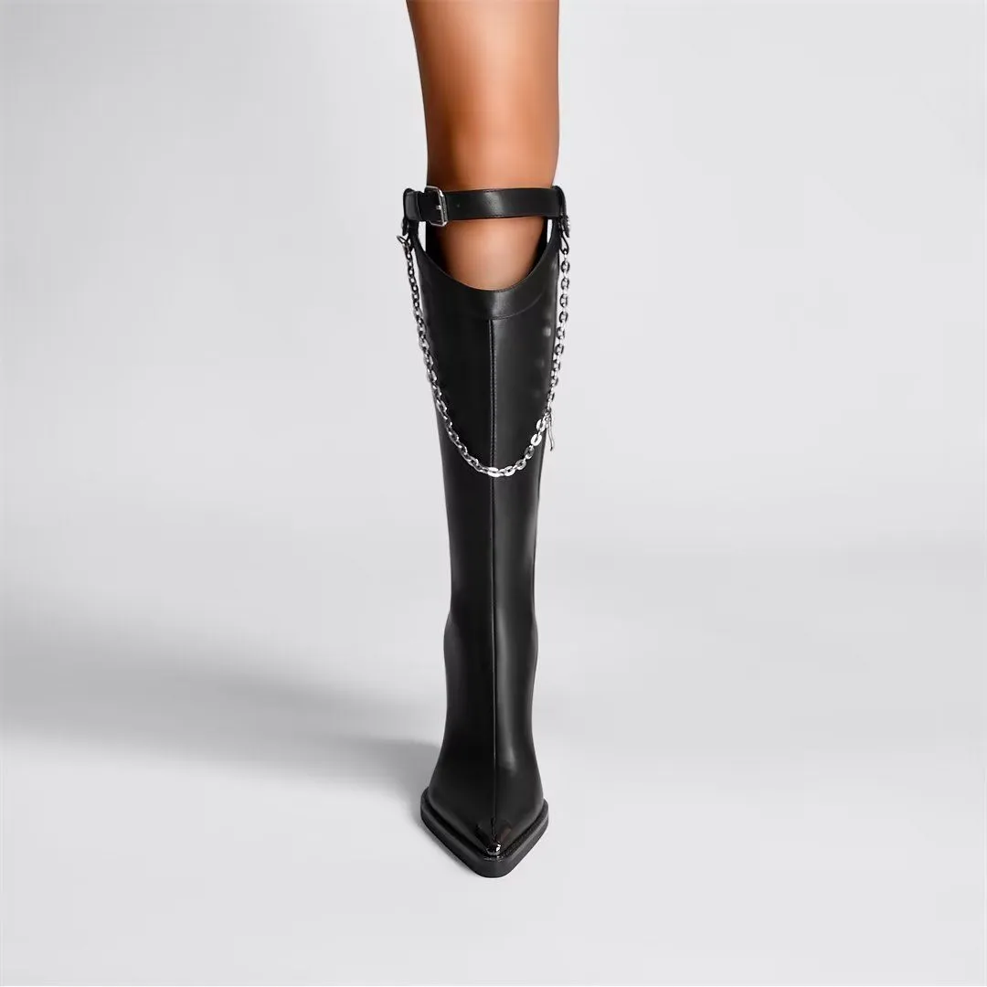 Elegant Crystal Pointed Toe Block Heel Boots