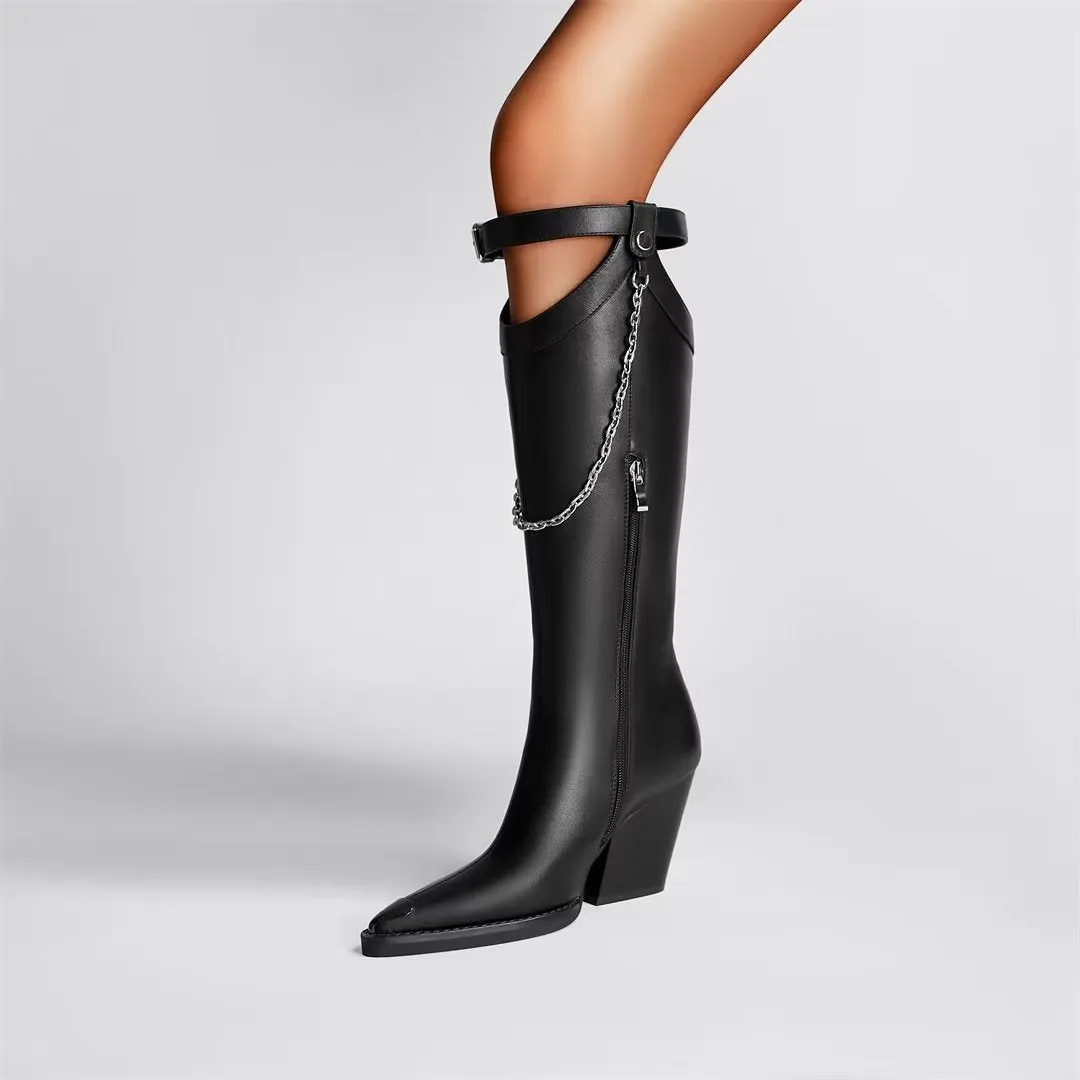 Elegant Crystal Pointed Toe Block Heel Boots