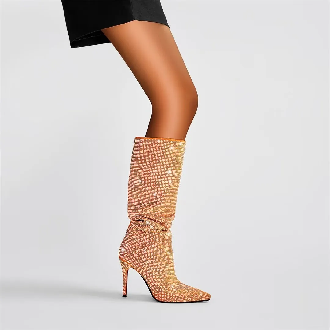 Elegant Crystal Pointed Toe High Heel Boots