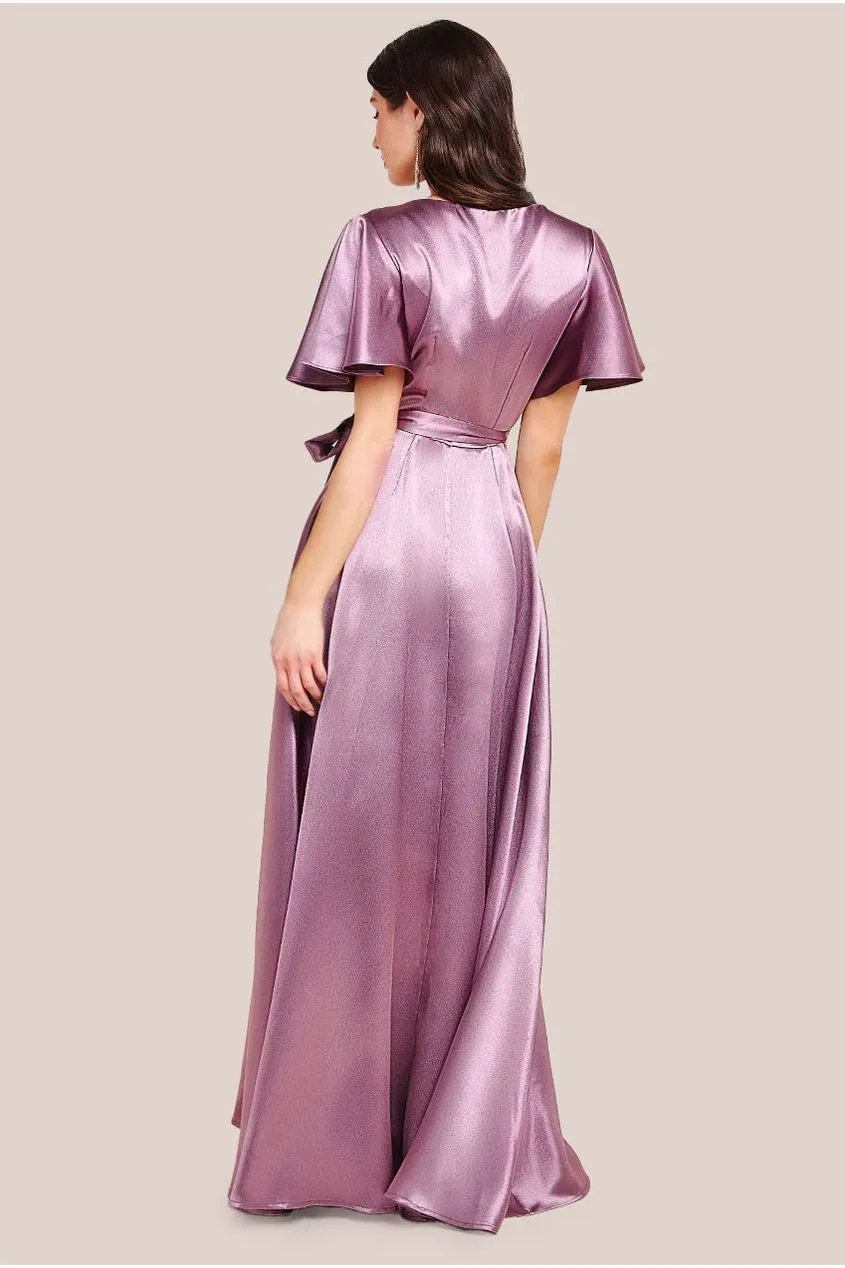 Goddiva Flutter Sleeve Wrapover Satin Maxi Dress - Rose Pink