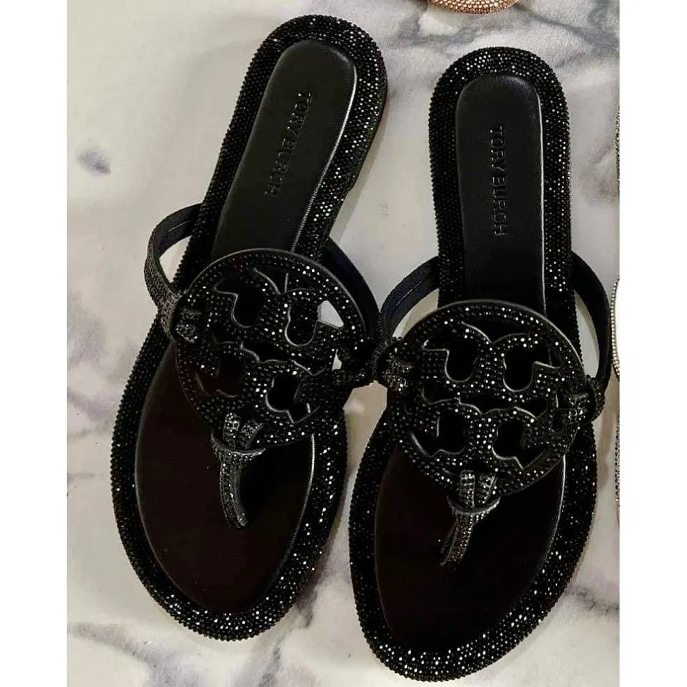 Luxury Tory B Black Rhinestone Sandals