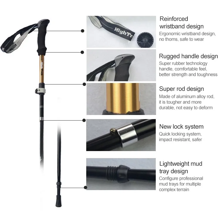 Outdoor Mountaineering Portable Foldable Ultra light Aluminium Alloy Alpenstocks Trekking Poles, Length : 35-125CM (Gold)