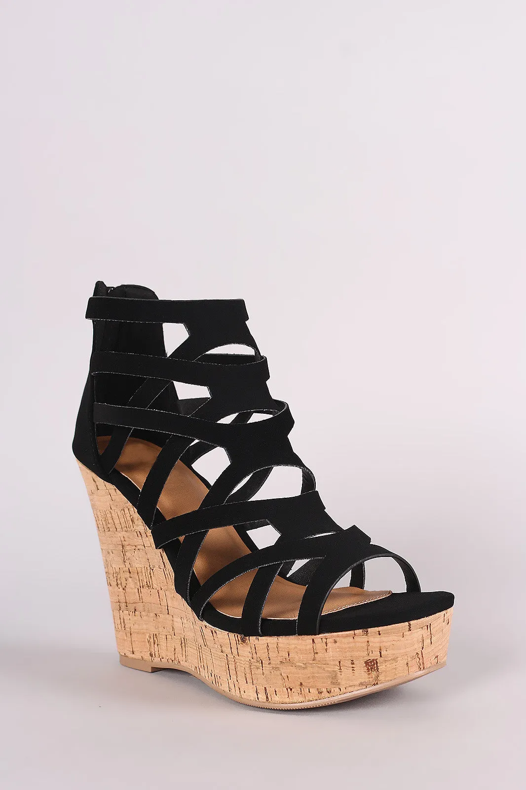 Qupid Nubuck Strappy Caged Open Toe Cork Platform Wedge