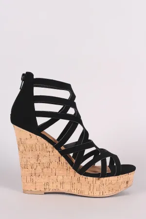 Qupid Nubuck Strappy Caged Open Toe Cork Platform Wedge