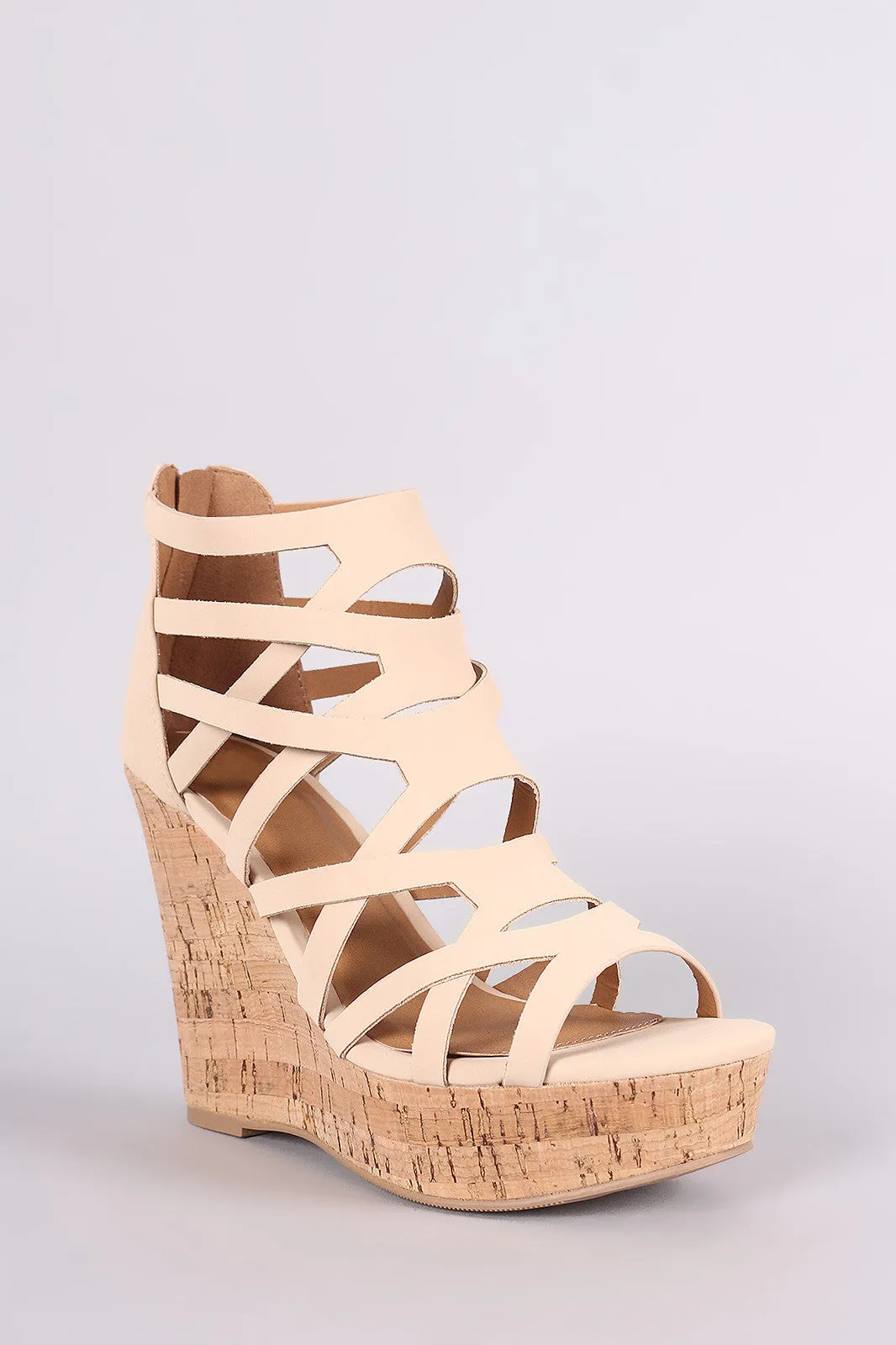 Qupid Nubuck Strappy Caged Open Toe Cork Platform Wedge