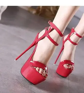 Sizzling PU Leather Ankle Straps Open Toe Thin Super High Heels Sandals