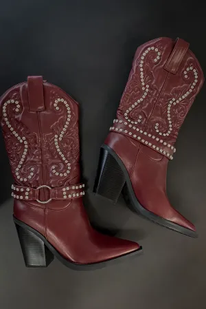 The Wine Is Flowing Burgundy Rhinestone Western Boots