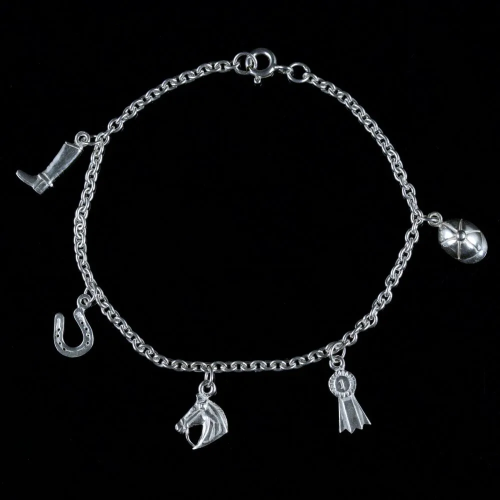 Vintage Horse Equestrian Charm Bracelet Silver