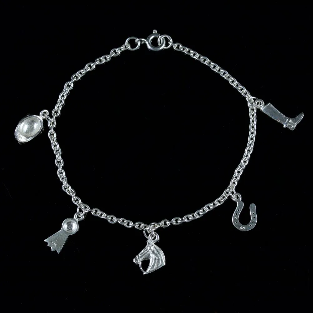 Vintage Horse Equestrian Charm Bracelet Silver